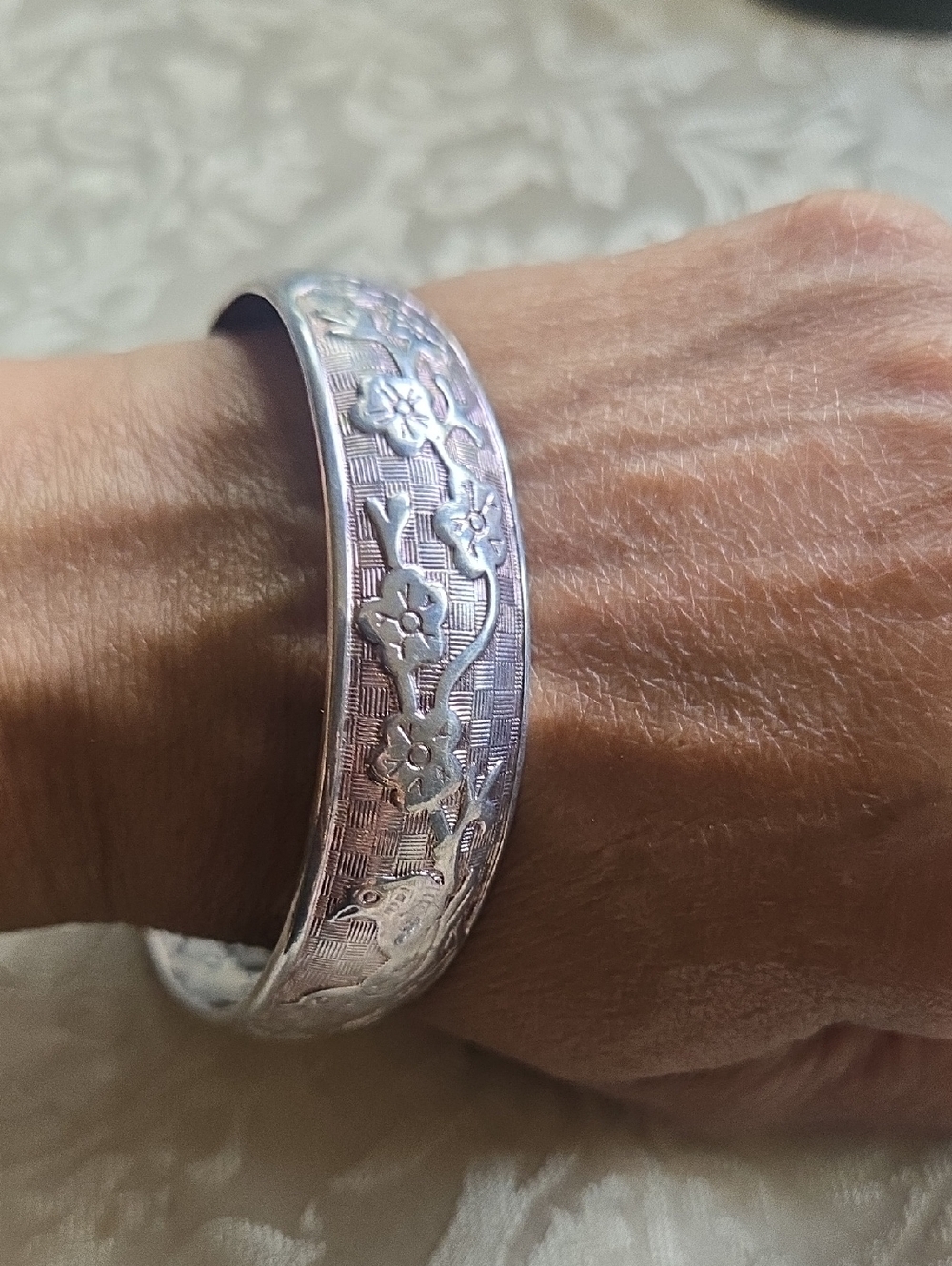 Floral Engraved Silver-Tone Cuff Bracelet
